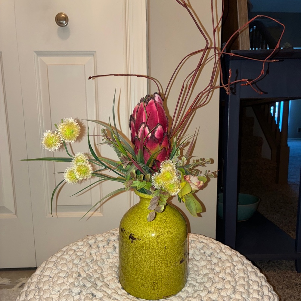 Apple Green Ceramic Vase with Floral Arrangement